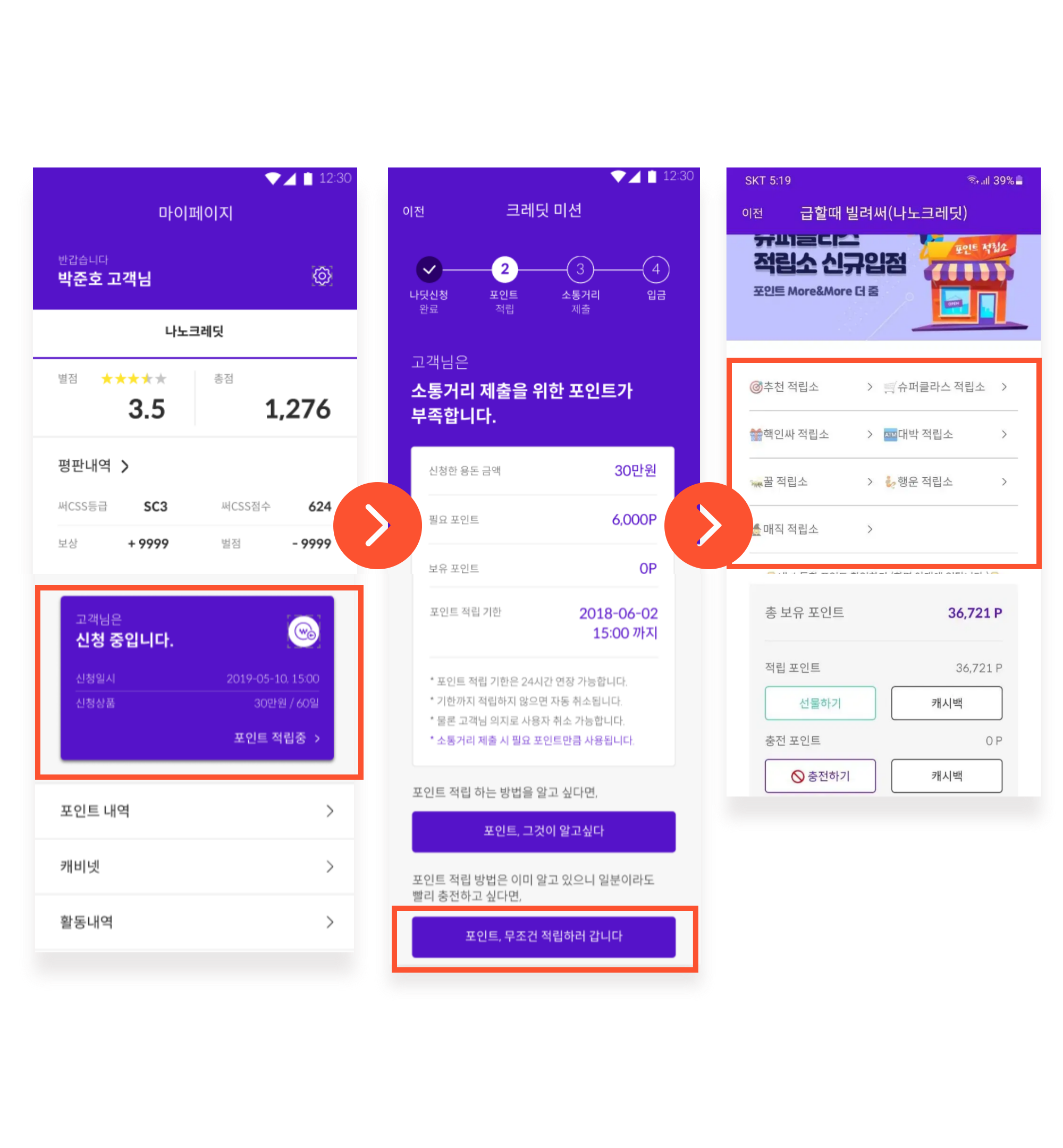 포인트 적립 앱 화면 — 마이페이지 신청 확인 / 크레딧 미션 / 포인트 적립소